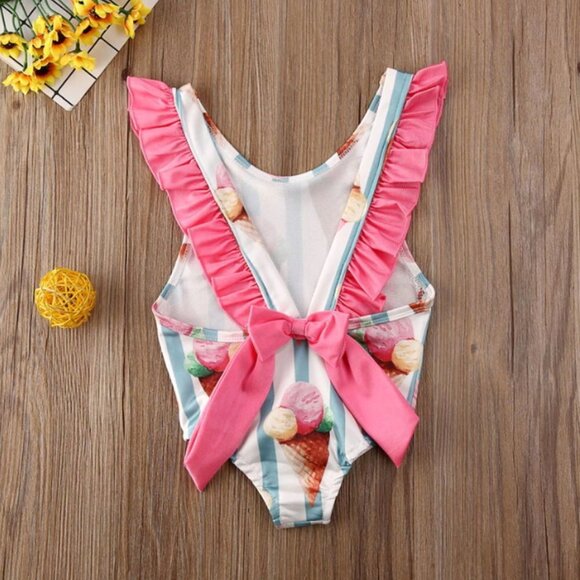 Girl girls toddler swimsuit one-piece ruffle bow ice cream cute adorable new - Picture 2 of 4